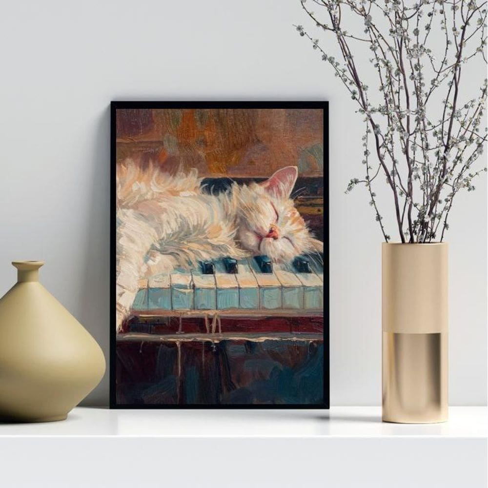 Quadro Decorativo Arte Gato No Piano 33X24Cm