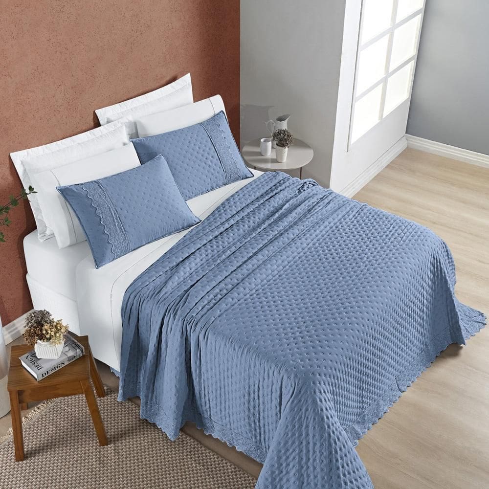 Colcha Cobre Leito Queen 3 Peças Bordado 200 Fios Ice Blue