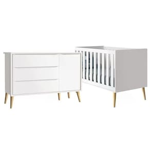 Quarto Com Berço Theo E Cômoda Com Porta Branco Fosco E Pés Madeira Natural - Reller Móveis Branco Fosco