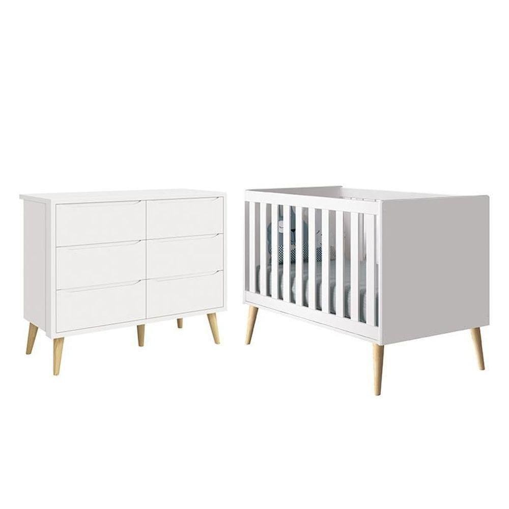 Jogo De Quarto Infantil Theo Cômoda 6 Gavetas E Berço Branco Fosco Com Pés Madeira Natural- Reller Móveis Branco Fosco
