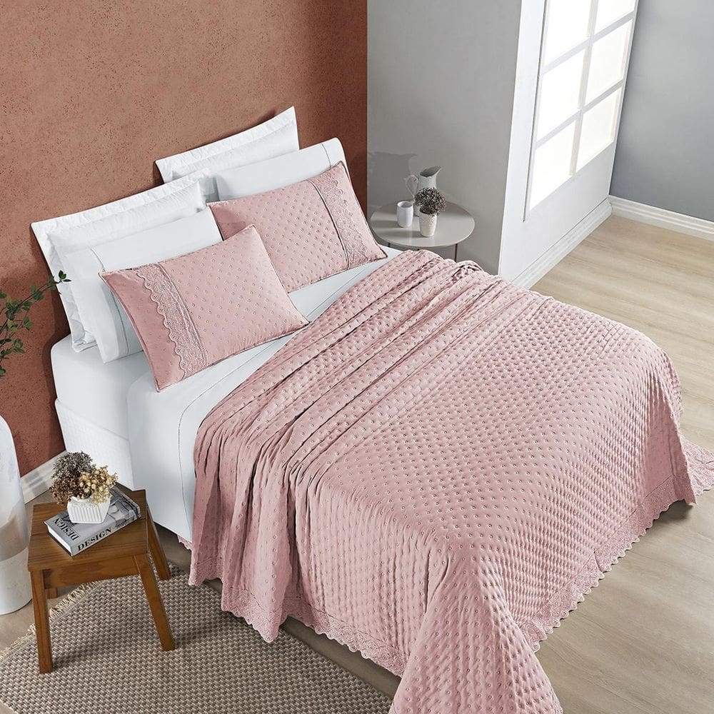 Kit Colcha King 7 Peças Cobre Leito Lençol Nobless Sal Rosa