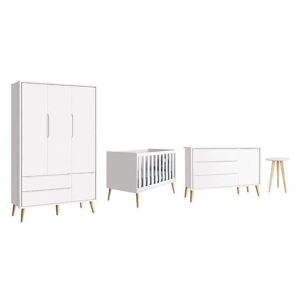 Dormitório Theo 3 Portas E Mesa De Canto Branco Com Pés Madeira Natural - Reller Móveis Branco