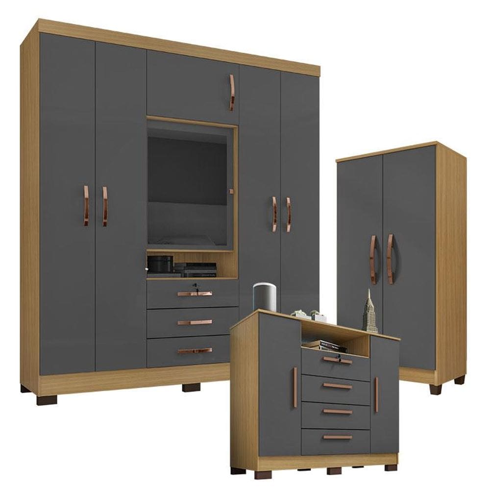 Guarda Roupa Casal Imperial com Armário Multiuso Recife e Cômoda Madri Carvalho Americano Grafite - Incorplac