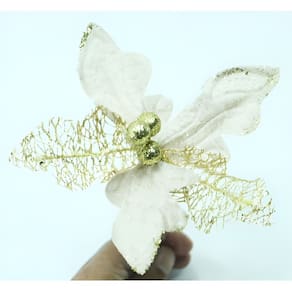 Kit 16 Flor Artificial Decoração Brilho Ouro Glitter 15cm