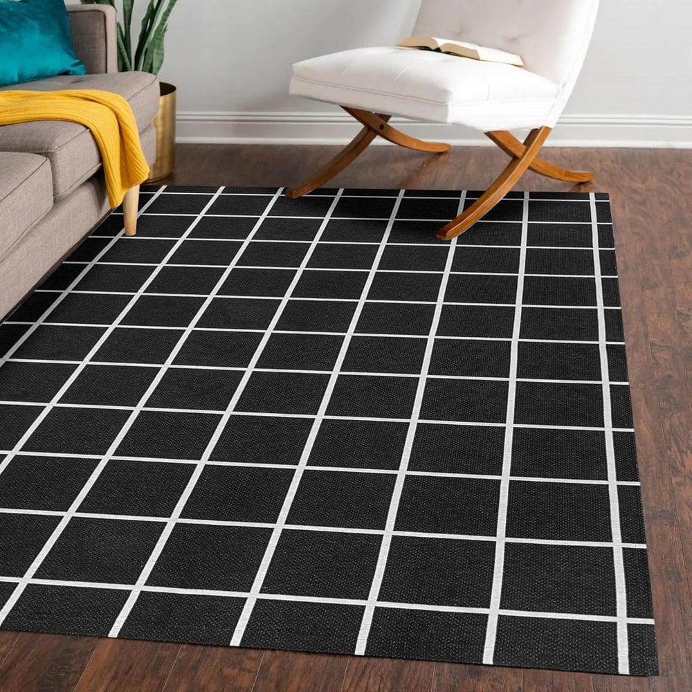 Tapete Jacquard Emborrachado 2,00M X 3,00M Sala Grid Preto