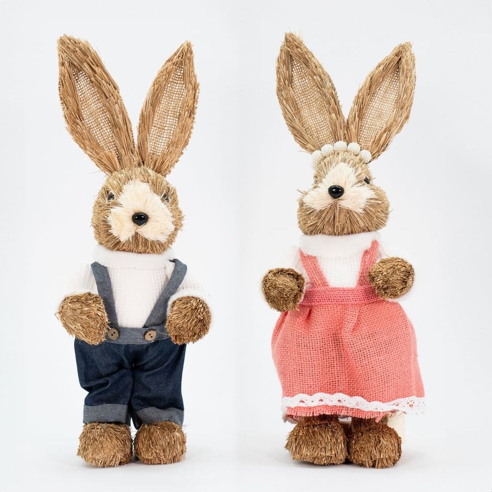 Casal De Coelhos Coelhinhos De Páscoa Decoração em Palha 39cm