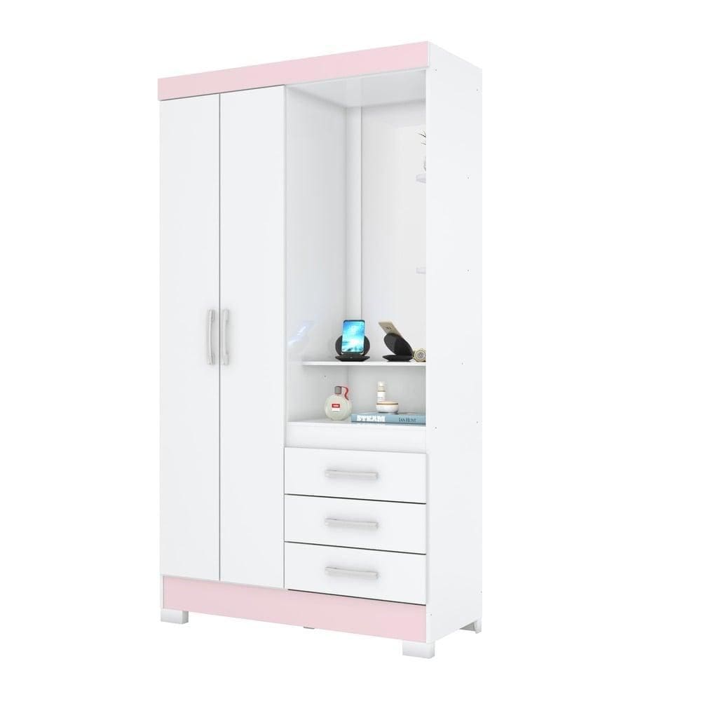 Guarda Roupa Solteiro B64 2 Portas e 3 Gavetas Cor Flex Branco ou Branco/Rosa - Briz