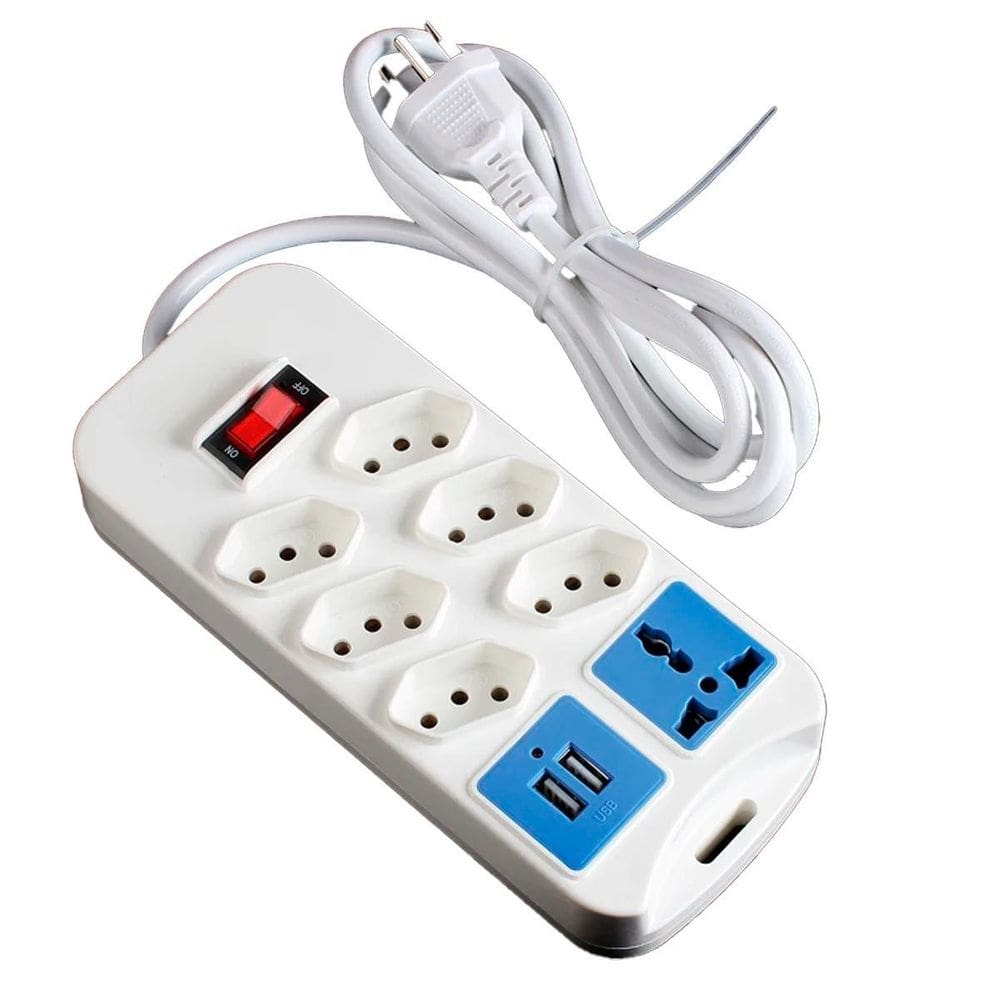 Régua Tomada 7 Entradas Com 2 Usb 110V/220V Branco