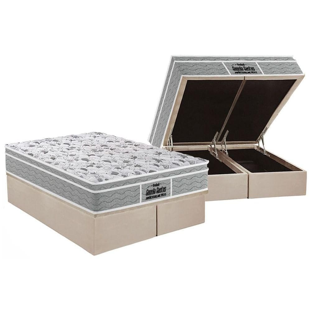 Cama Box Baú Queen: Colchão Espuma Probel D45 / EP Guarda Costas PróExtreme Plus + Base CRC Suede Clean(158x198)