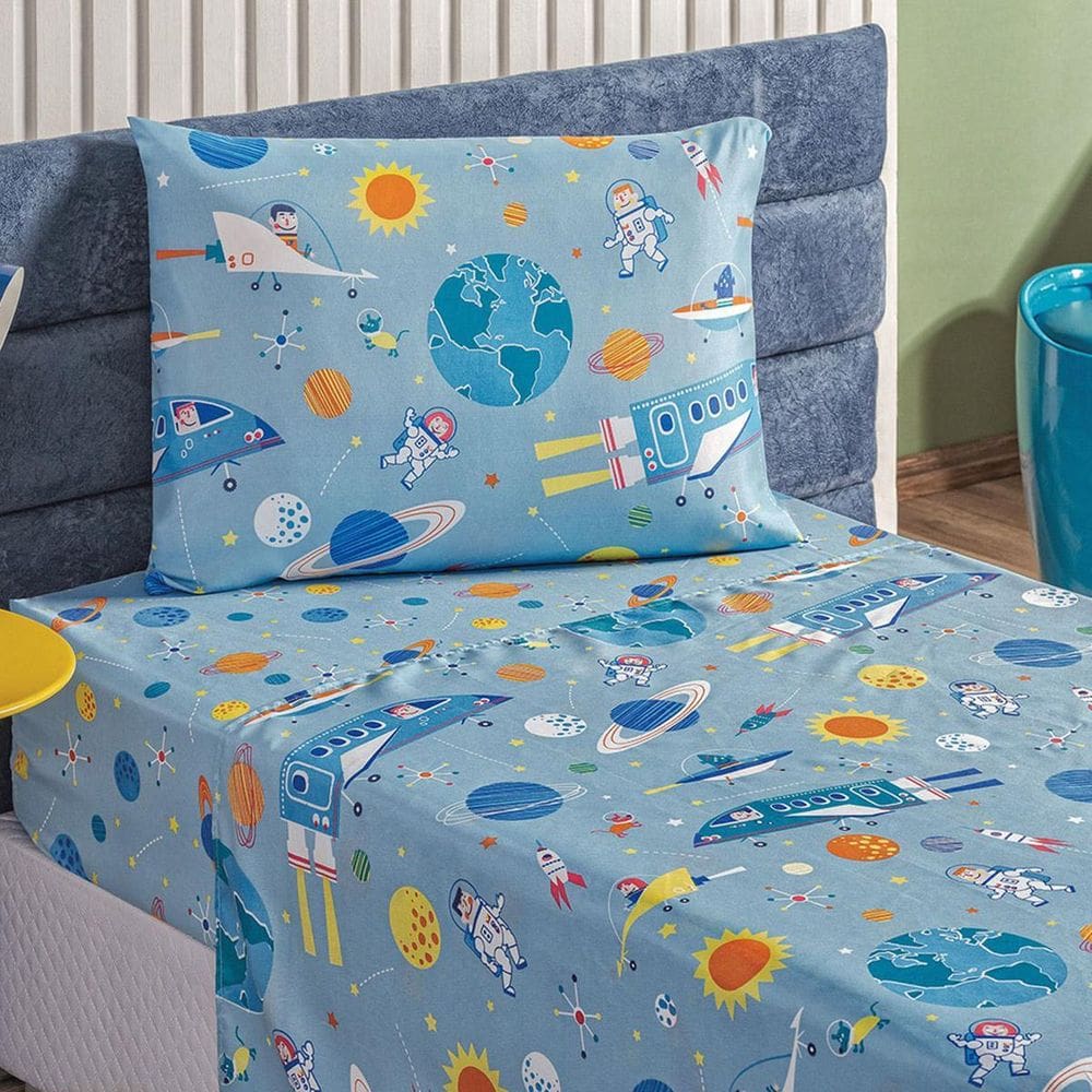 Jogo De Lençol Infantil 3 Peça Crianças Estampado Astronauta