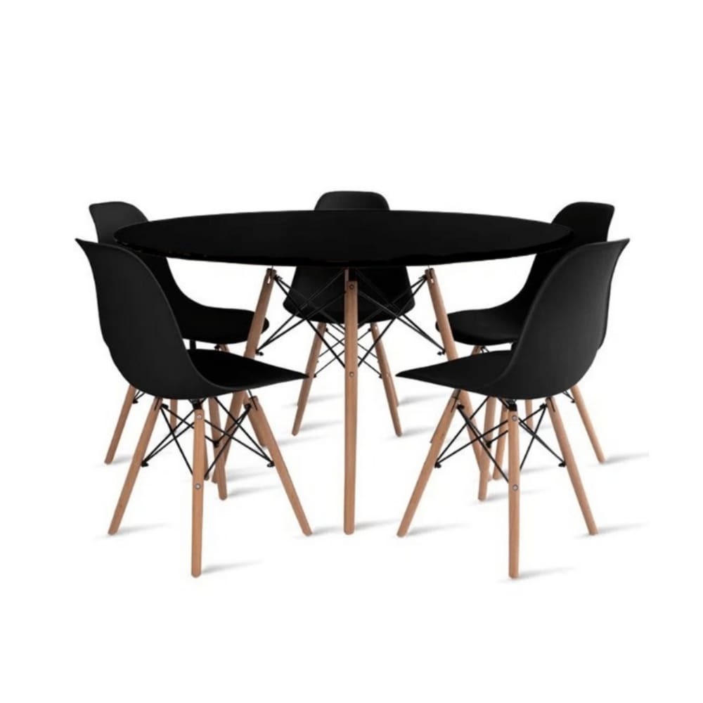Conjunto Mesa de Jantar Eames Eiffel Redonda 110cm Tampo de Madeira Preto + 5 Cadeiras Pretas