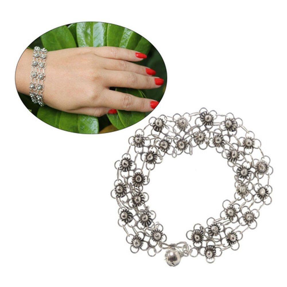 Pulseira Larga Lacraia De Flores Em Prata 925 Luxuoso J24906
