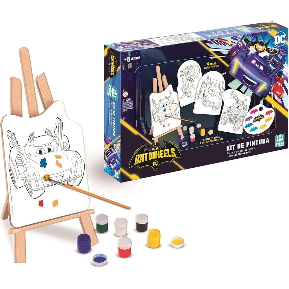 Conjunto Pintura Batwheels 13 Peças Cavalete Em Madeira 45cm Brinquedo Didático