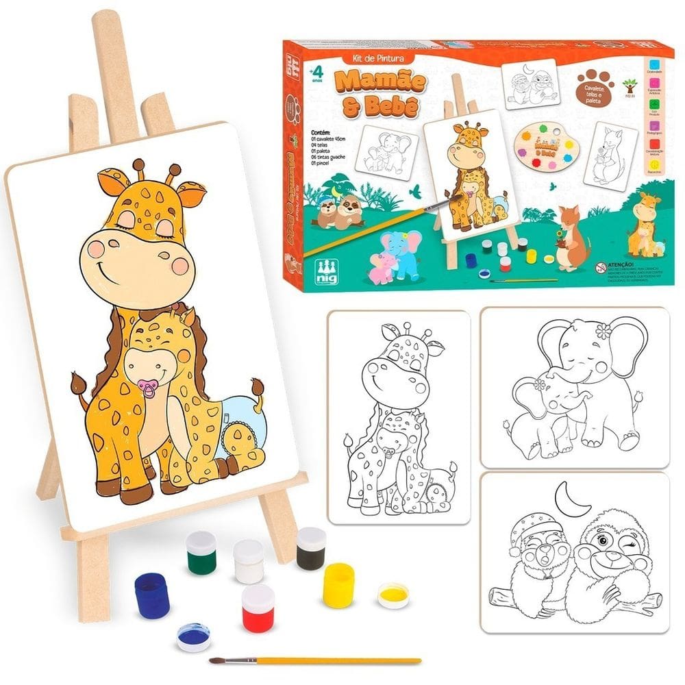 Brinquedo Educativo para Pintar Mamãe e Bebê Com Cavalete Telas e Paleta em Madeira + Pincel e Tintas