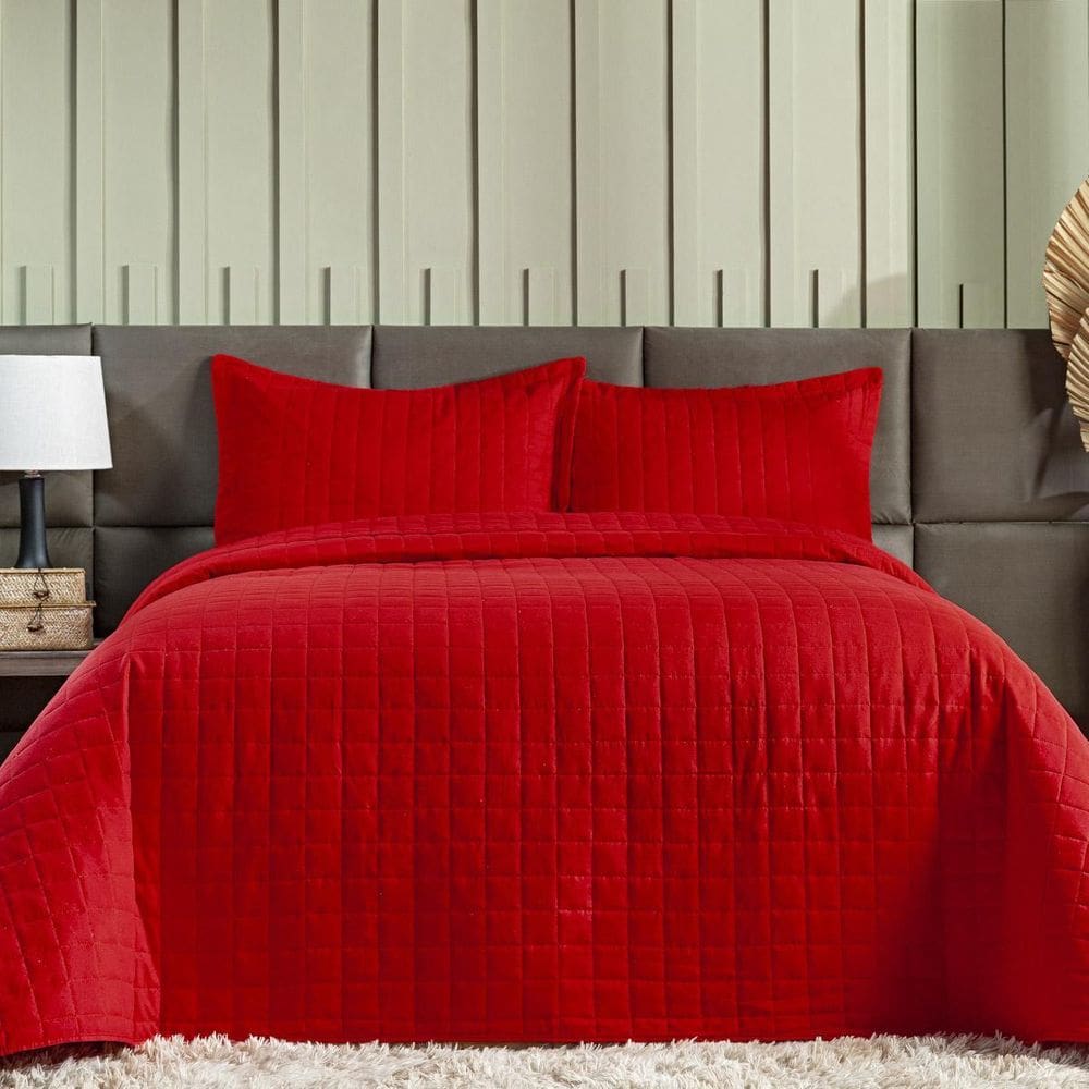 Colcha Cobre Leito Casal King Size 3 Peças 300 Fios Vermelho