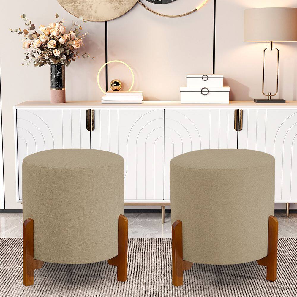 Kit 2 Puff Thor 3 Pés Base em Madeira Maciça - Linho Bege