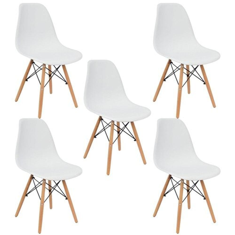 Kit 5 Cadeiras Charles Eames Eiffel Wood Sala de Jantar Cozinha Branca