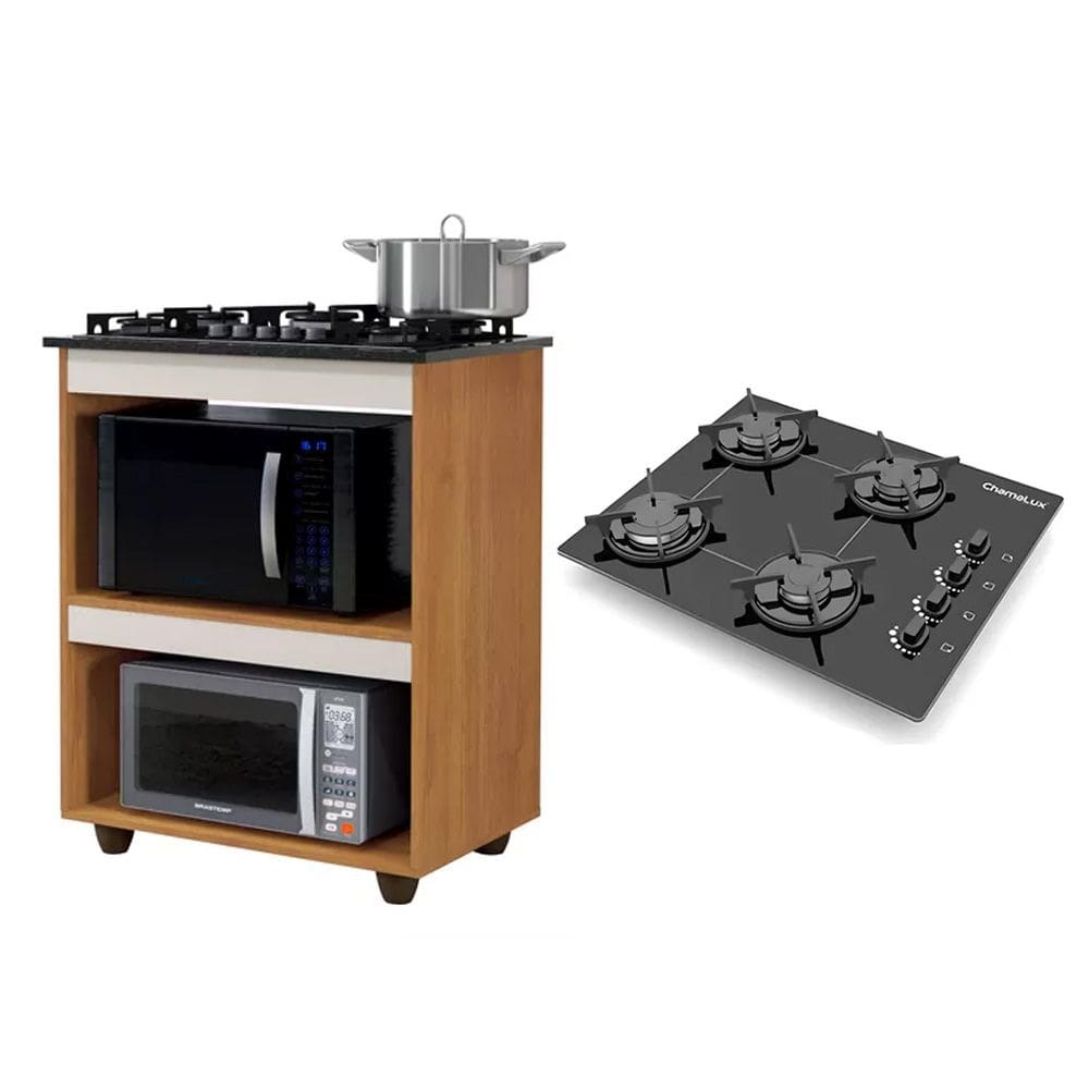 Kit Balcão para Cooktop Cozinha Kaiki Turim Nature Off White com Fogão Cooktop Chef 4 Bocas Preto Chamalux