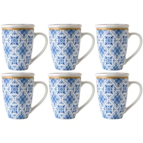 Conjunto 6 Canecas de Porcelana para Chá 310ml com Tampa e F