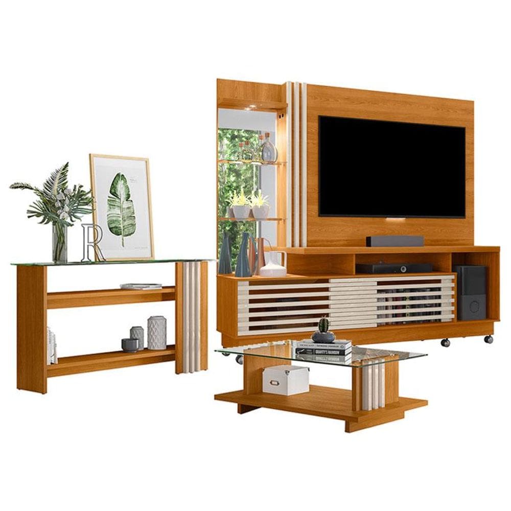 Estante Home Theater com Rodízios e Aparador com Mesa de Centro Frizz Plus Cinamomo Off White - Madetec