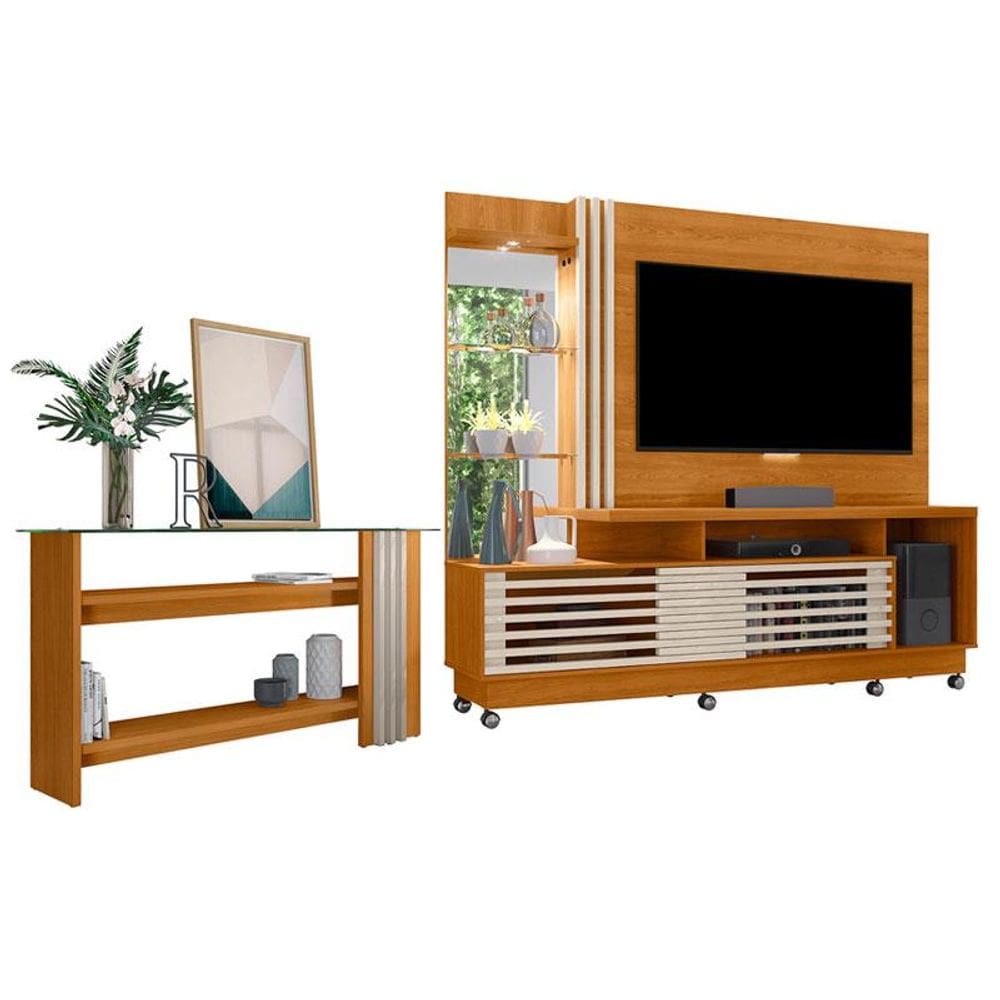 Estante Home Theater com Rodízios e Aparador Frizz Plus Cinamomo Off White - Madetec