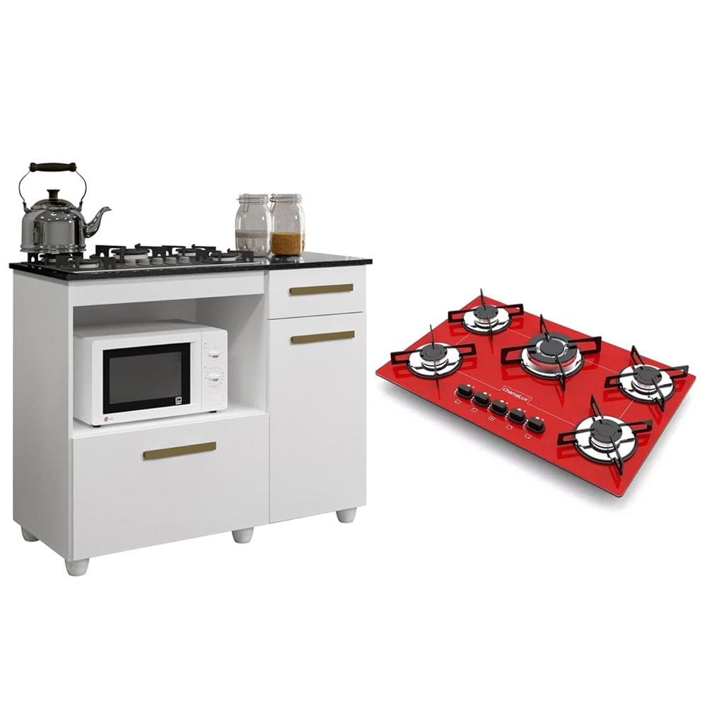 Kit Balcão para Cooktop Cozinha Kaiki Violeta Branco com Fogão Cooktop 5 Bocas Tripla Chama Vermelho Chamalux