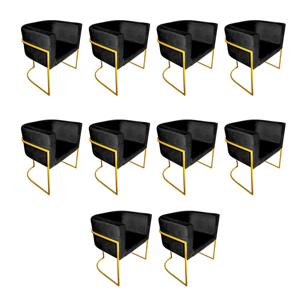 Kit 10 Cadeiras de Jantar Premium Base de Ferro Dourada Veludo Preto