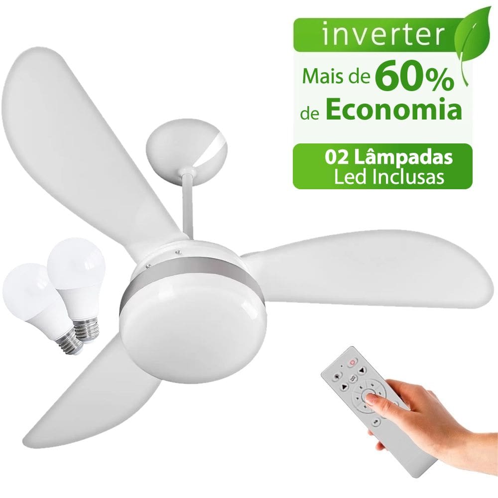 Ventilador de Teto Ventisol Fênix Branco/Silver Inverter C/controle, 2 Lâmpadas Led Inclusas Bivolt