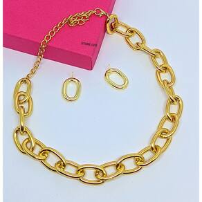 Kit Colar Choker e Brincos Feminino Corrente elos Grosso oval Folheado Ouro Par de Brinco Antialérgico Dourado Prata