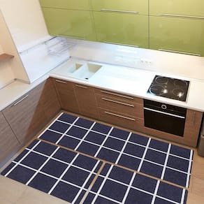 Tapete Cozinha 3 Peças Jacquard Antiderrapante Grid Marinho
