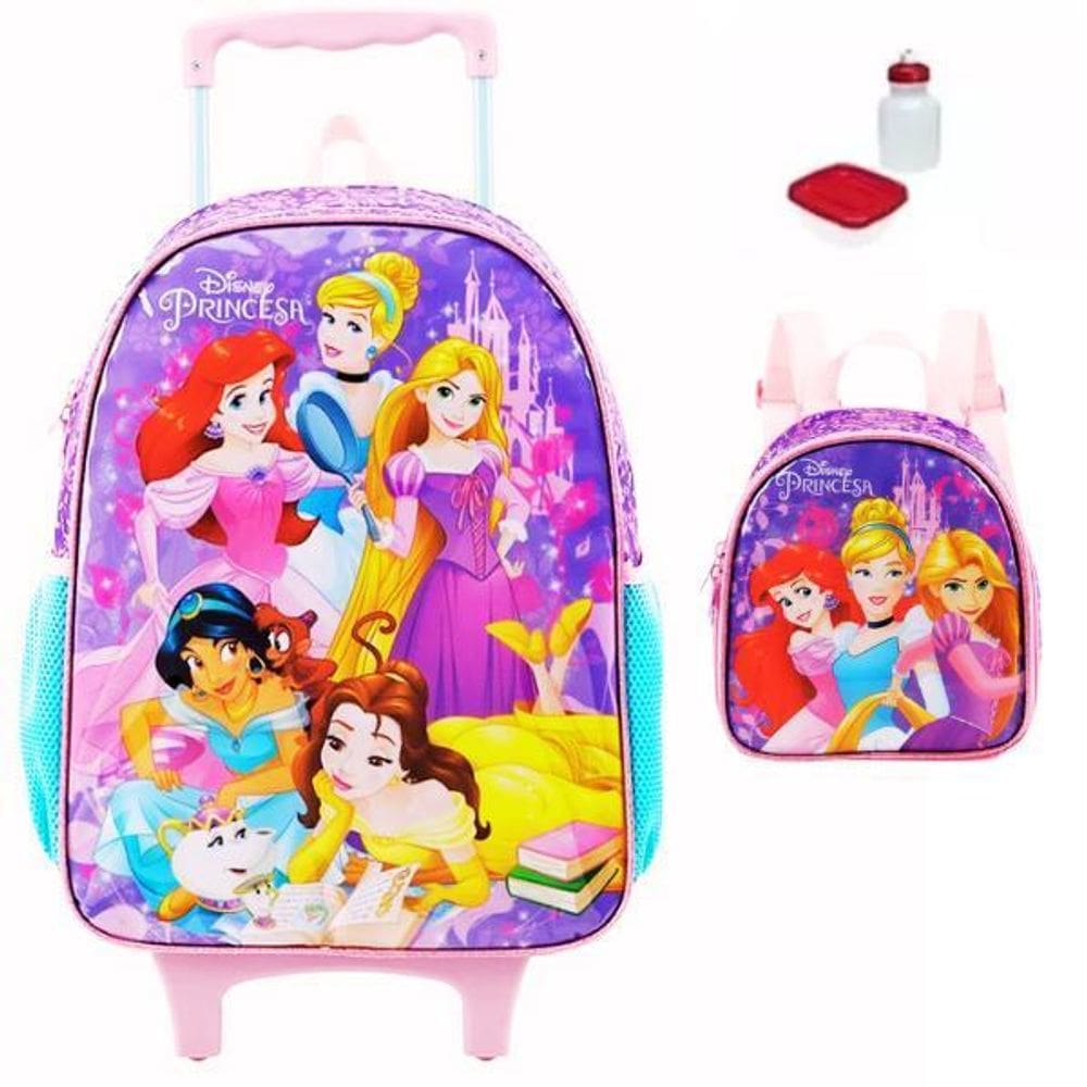 Kit Mochila Escolar Princesas Disney G Rodinha Com Lancheira