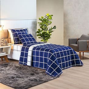 Colcha Cama Solteiro 2 Peças Geométrico 200 Fios Marinho
