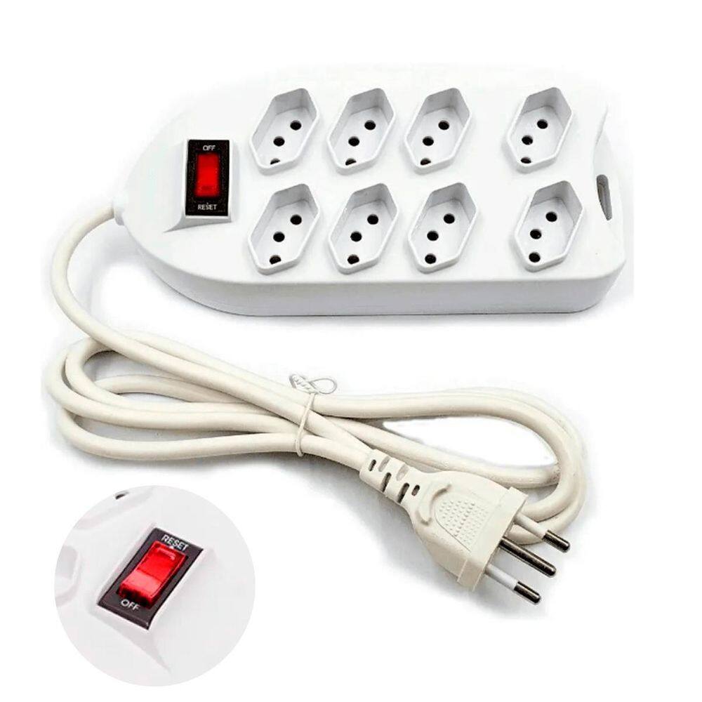 Régua Energia 8 Tomadas 110/220V Bivolt Cabo 2 Metros Branco