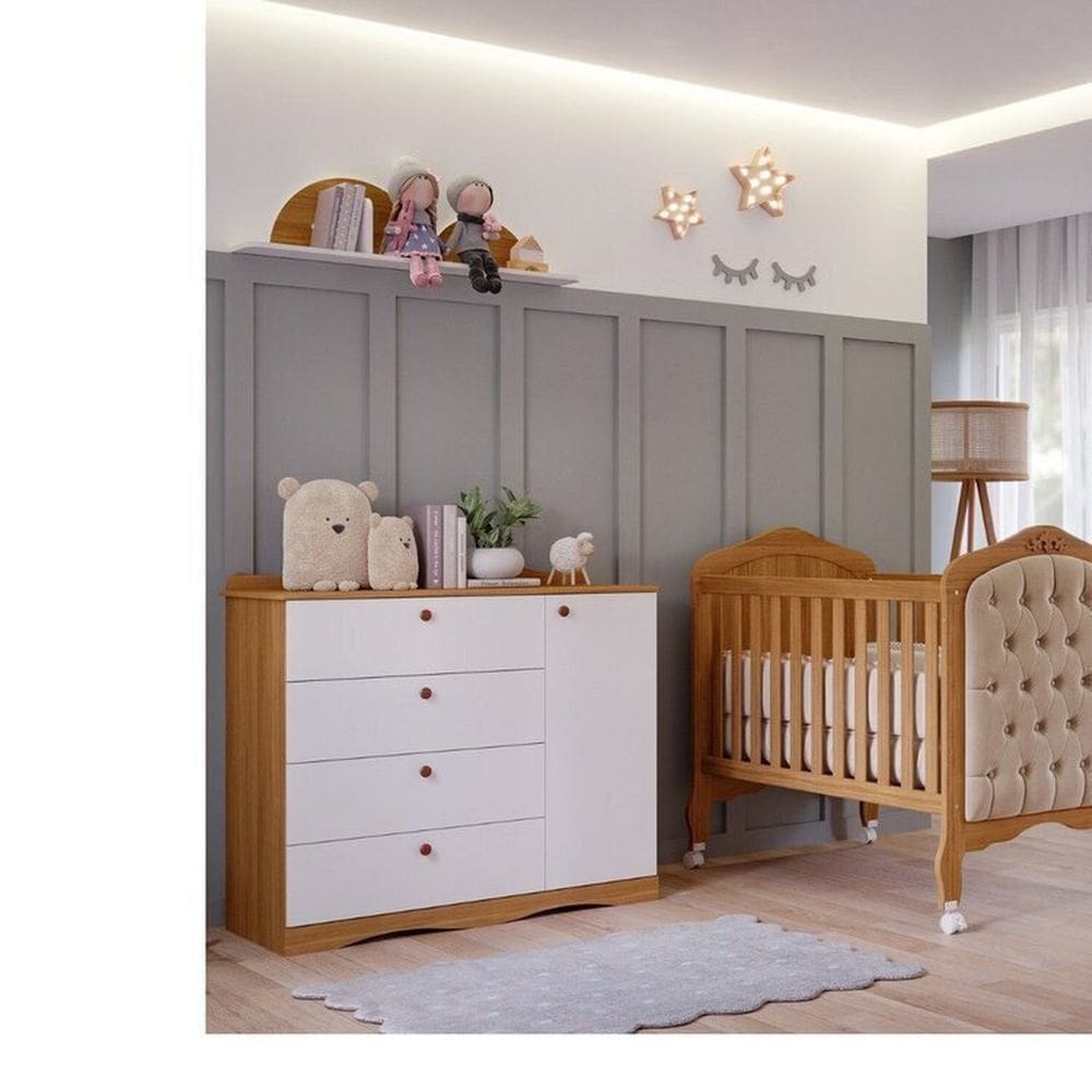 Quarto de Bebê 2 Peças com Berço Capitonê Cômoda 4 Gavetas Aquarella Espresso Móveis Marrom/Branco