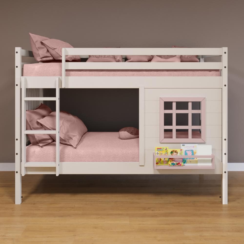 Beliche Infantil com Janela e Cortina Madeira Maciça Branco/ Rosa Housin