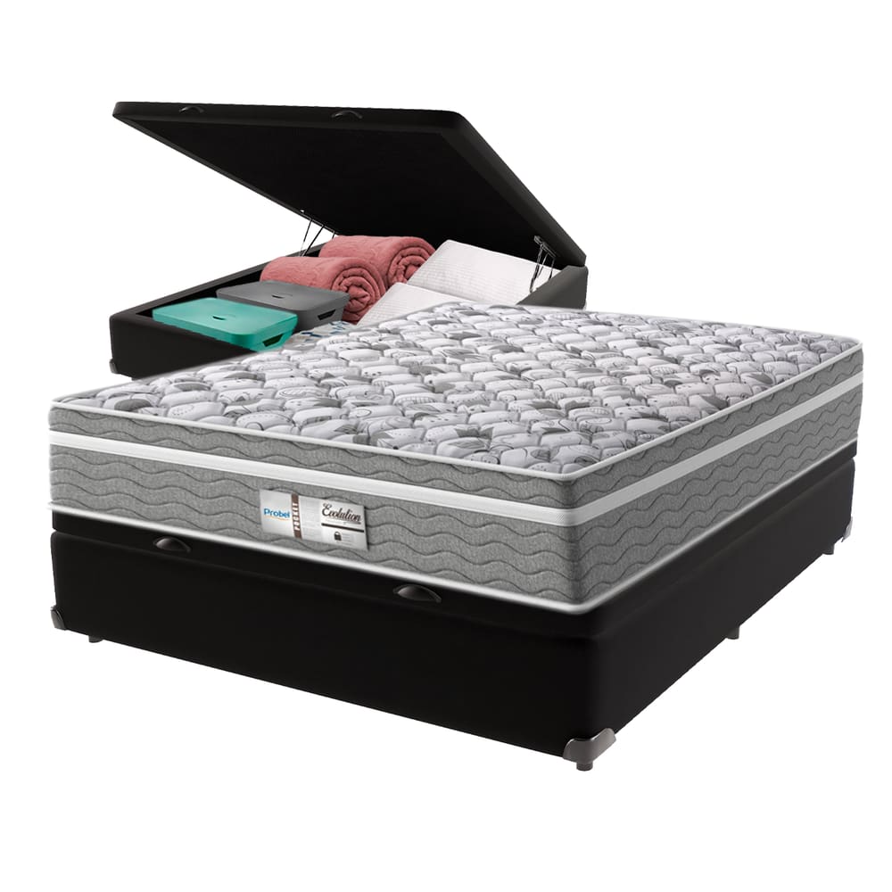 Cama Box Baú Preto e Colchão Casal Evolution Molas Ensacadas Probel