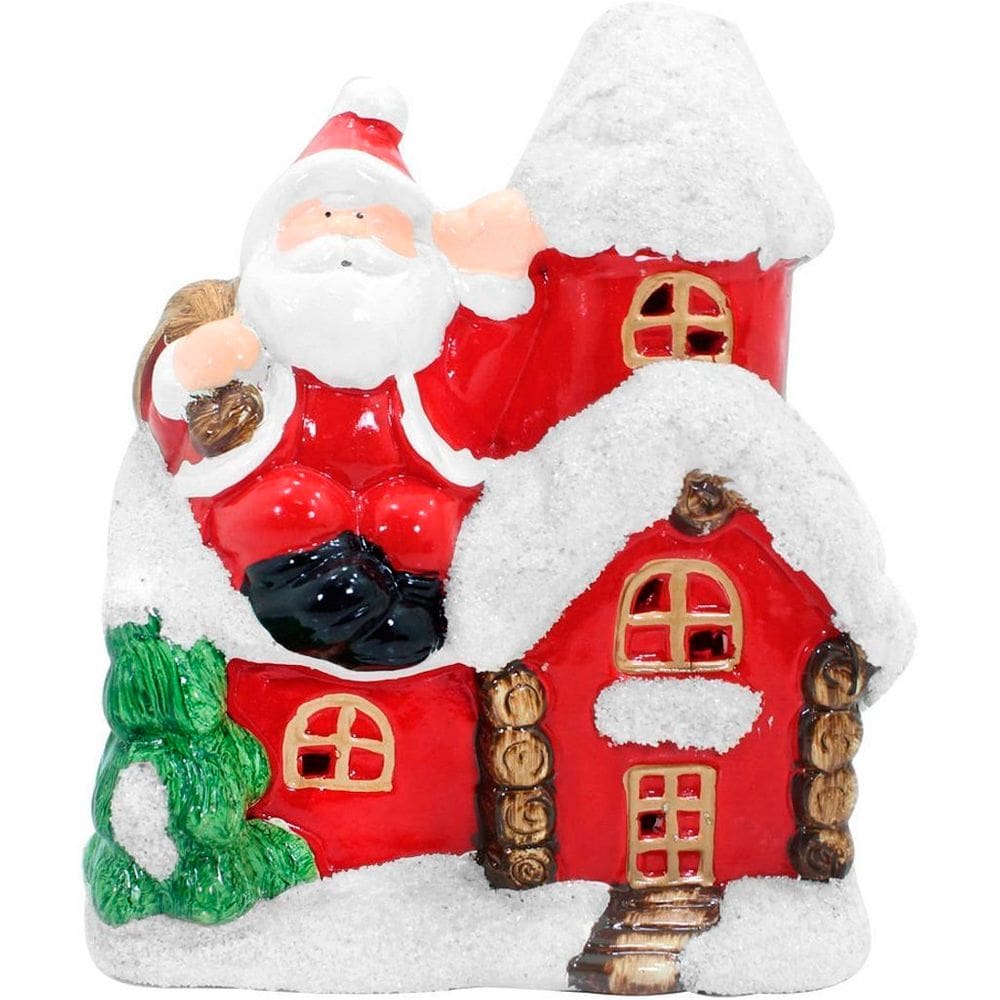 Enfeite Natalino Casinha Papai Noel Cerâmica Iluminado Vela
