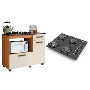 Kit Balcão para Cooktop Cozinha Kaiki Violeta Nature Off White com Fogão Cooktop Chef 4 Bocas Ultra Chama Chamalux