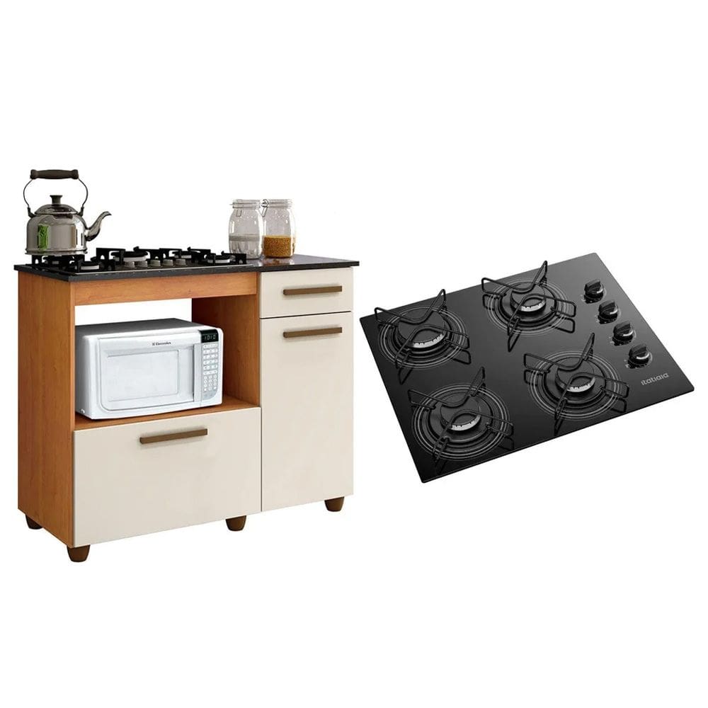 Kit Balcão para Cooktop Cozinha Kaiki Violeta Nature Off White com Fogão Cooktop Essencial 4 Bocas Itatiaia Preto