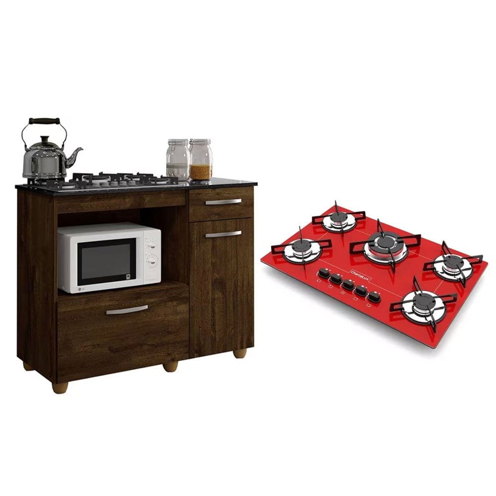 Kit Balcão para Cooktop Cozinha Kaiki Violeta Ipê com Fogão Cooktop 5 Bocas Tripla Chama Vermelho Chamalux