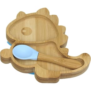 PRATO INFANTIL CRIANÇA BEBÊ COM COLHER E VENTOSA HOME&CO DINOSSAURO BAMBU 3x18x18cm NATURAL
