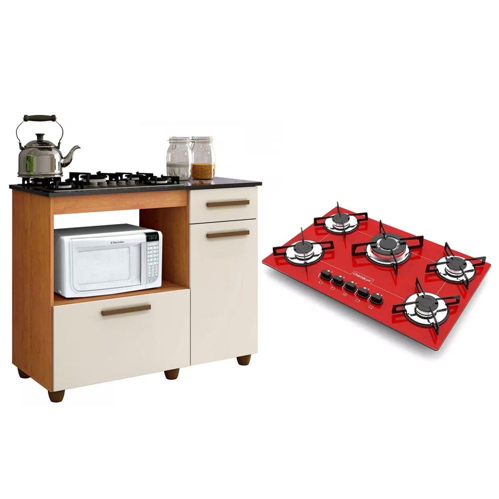 Kit Balcão para Cooktop Cozinha Kaiki Violeta Nature/off White com Fogão Cooktop 5 Bocas Tripla Chama Vermelho Chamalux