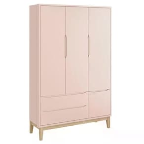 Guarda Roupa Infantil Classic 3 Portas Rosa Fosco Com Pés Madeira Natural - Reller Móveis Rosa Fosco