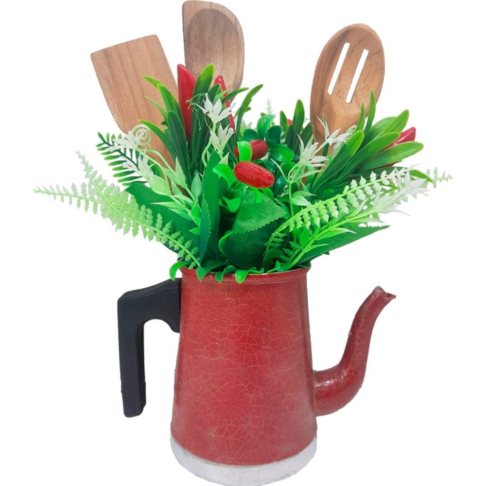 Mini Vaso Alumínio Regador Com Arranja Artificial Vermelho