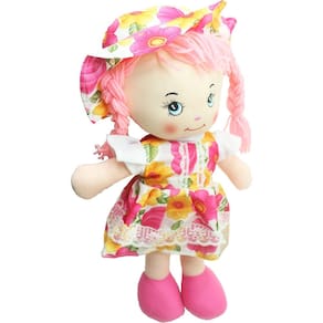 Boneca De Pano Pelúcia Vestido Rosa Menina Com Chapéu 46cm