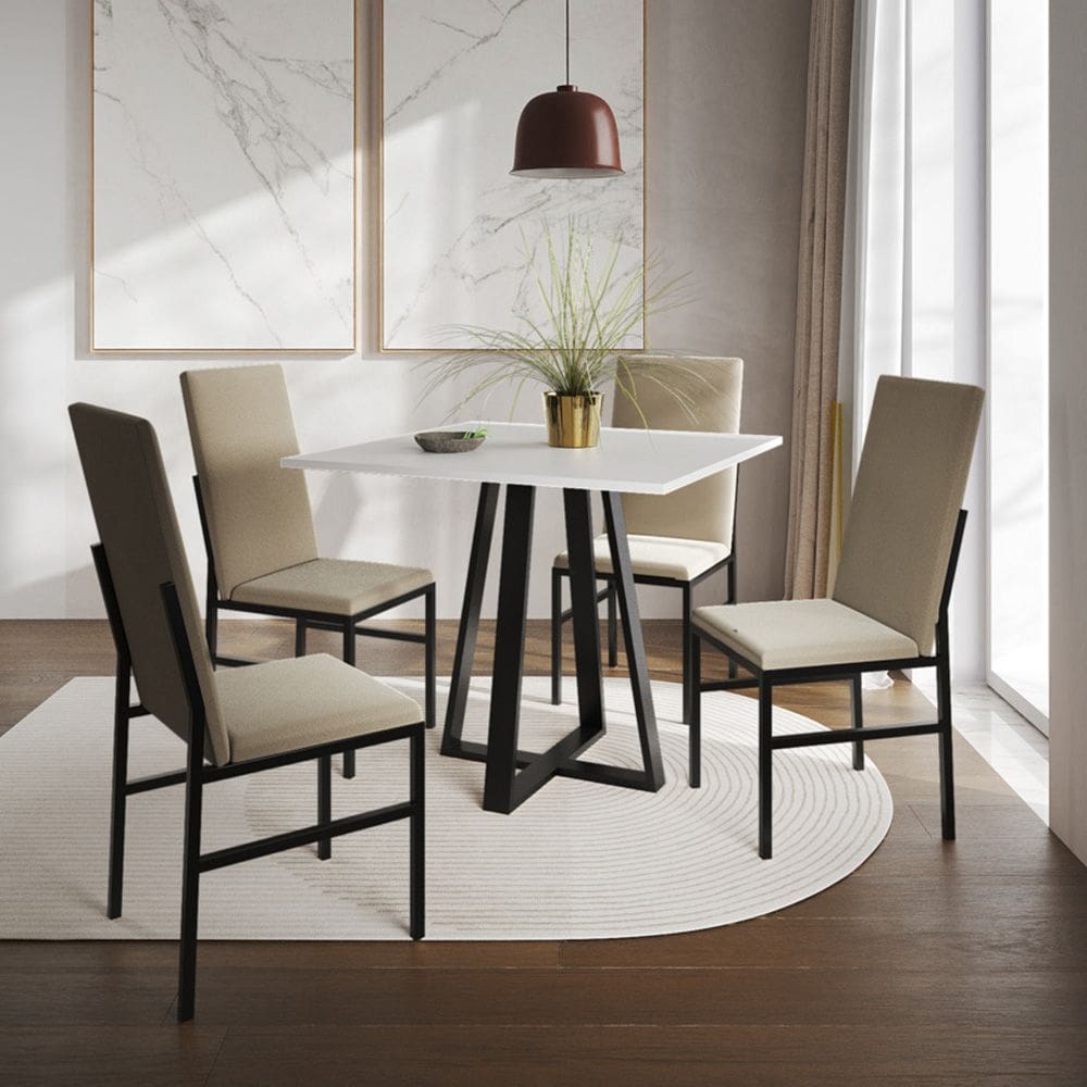 Conjunto de Jantar Mesa Mônaco Premium 90cm Branca com 4 Cadeiras Estofadas Bege  