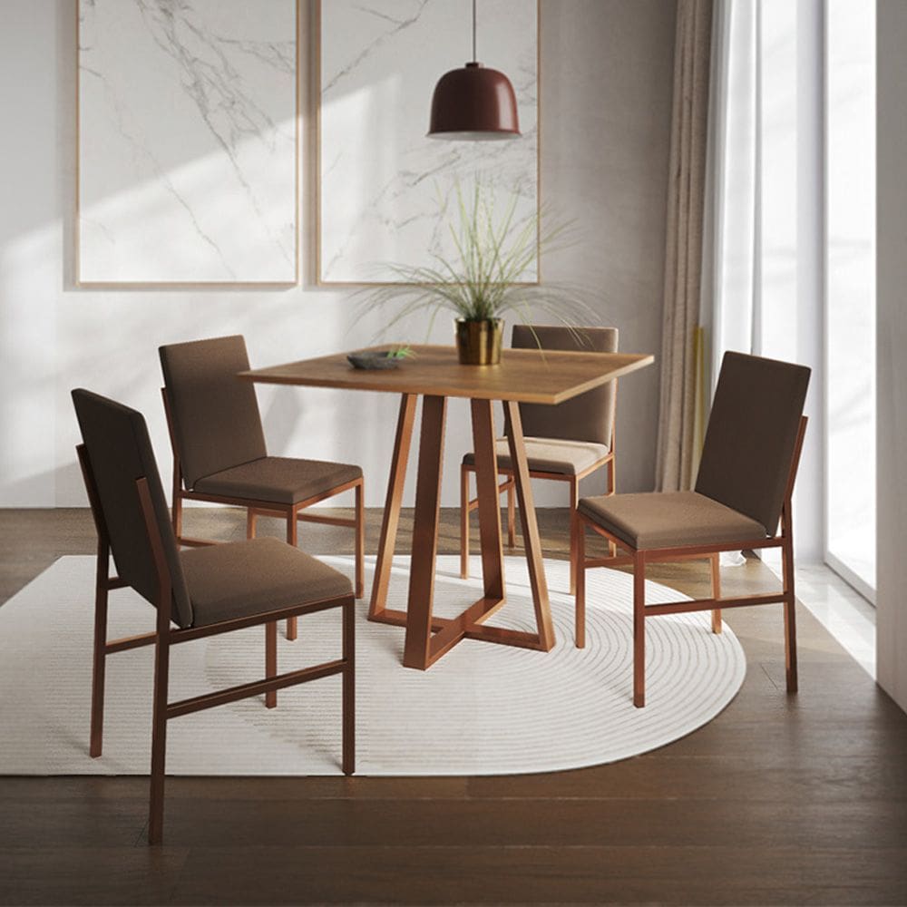 Conjunto de Jantar Mesa Mônaco 90cm Tampo Imbuia com 4 Cadeiras Marrom Base Cobre