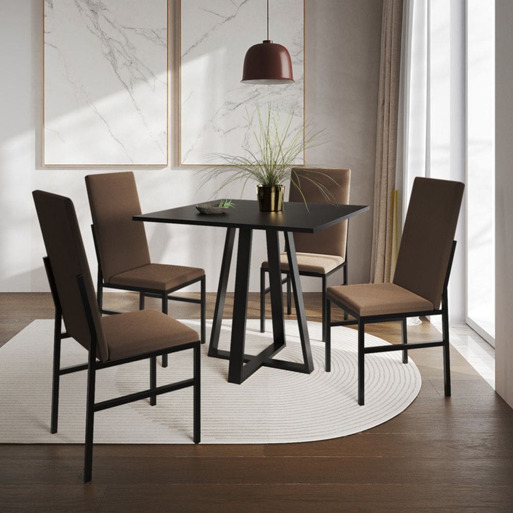 Conjunto de Jantar Mesa Mônaco Premium 90cm Preta com 4 Cadeiras Estofadas Marrom  