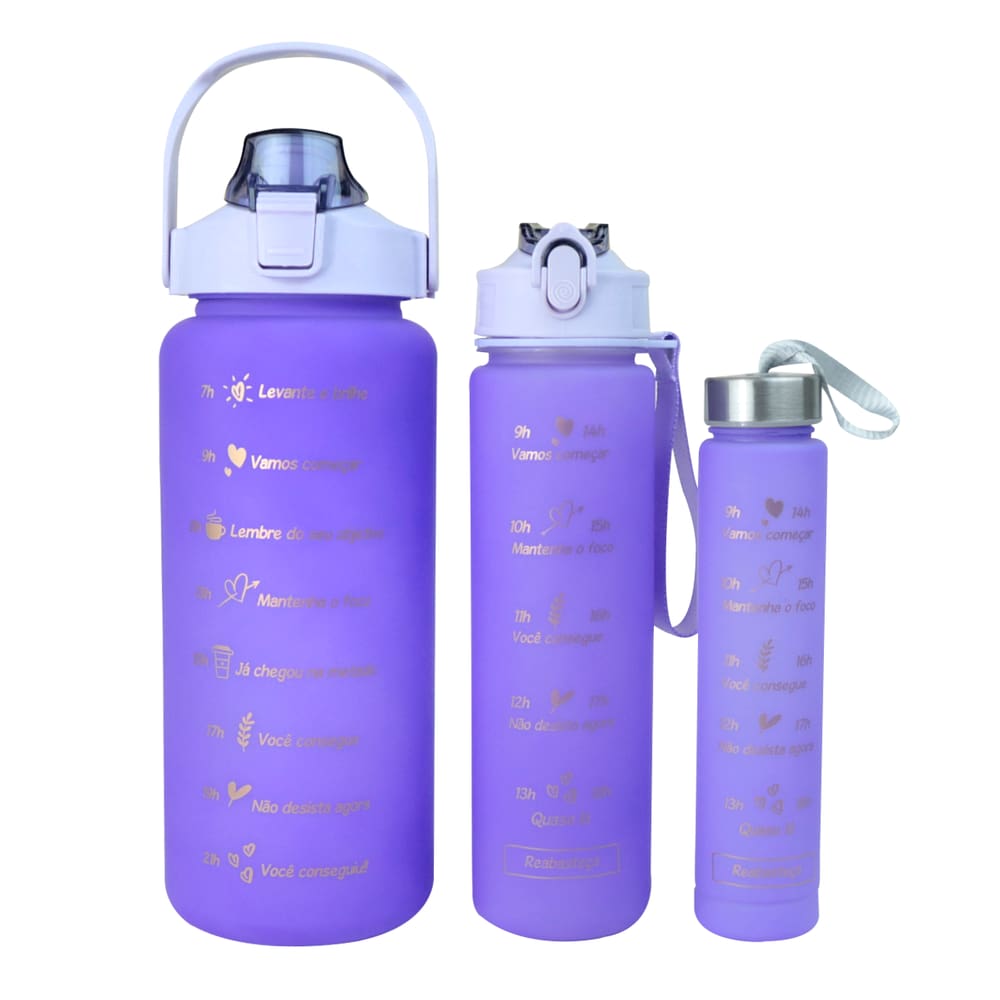 Kit 3 Garrafas De Plástico Motivacional 2000Ml 700Ml 300Ml