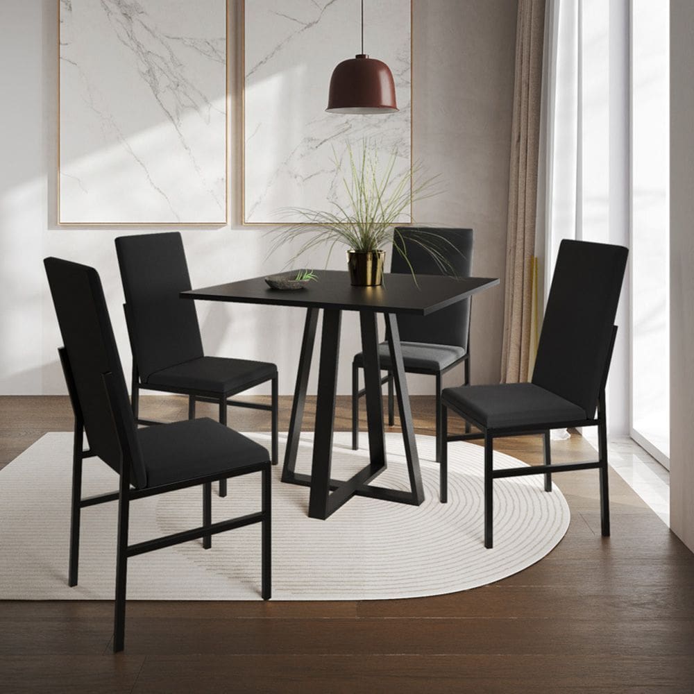 Conjunto de Jantar Mesa Mônaco Premium 90cm Preta com 4 Cadeiras Estofadas Pretas  